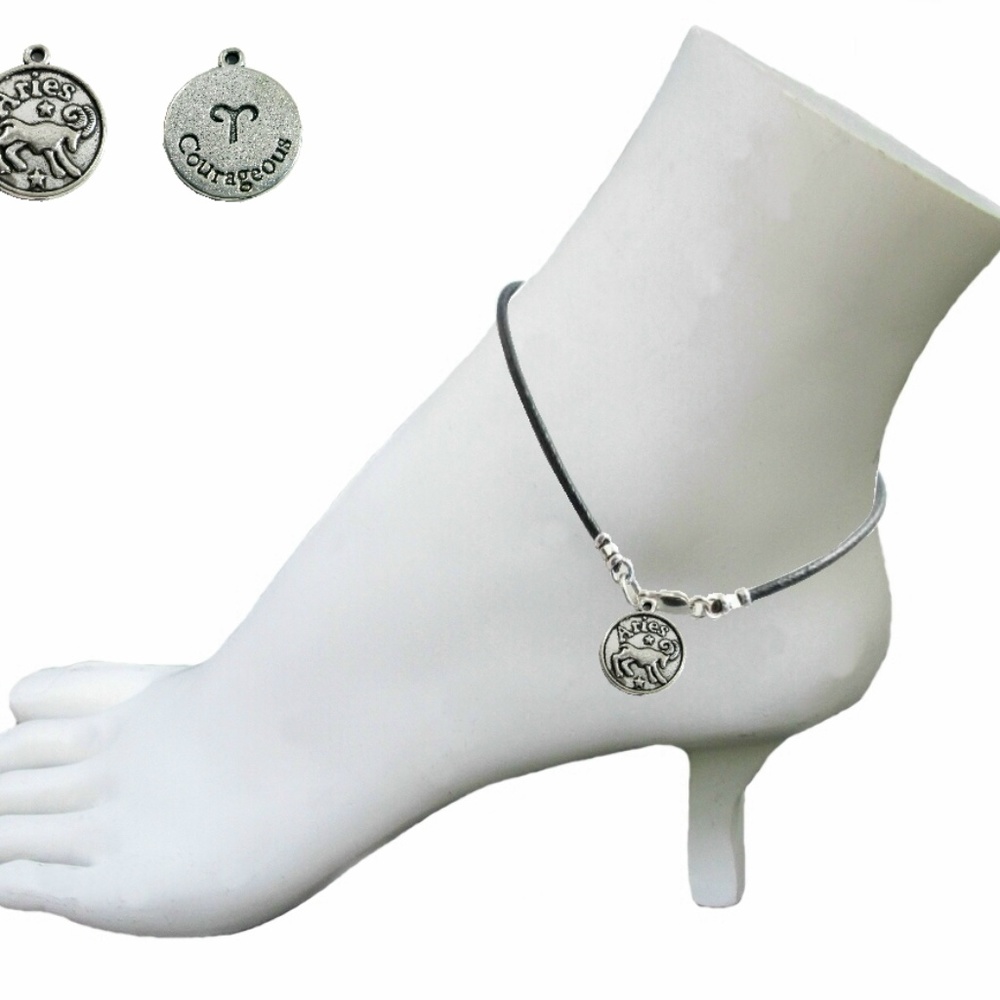 Black Leather Anklet ~ Aries Zodiac Charm